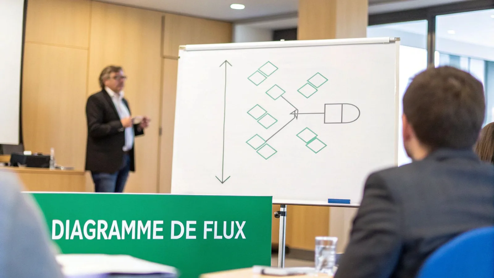 Un homme présente un diagramme de flux sur un tableau blanc à des participants lors d'une session de formation.