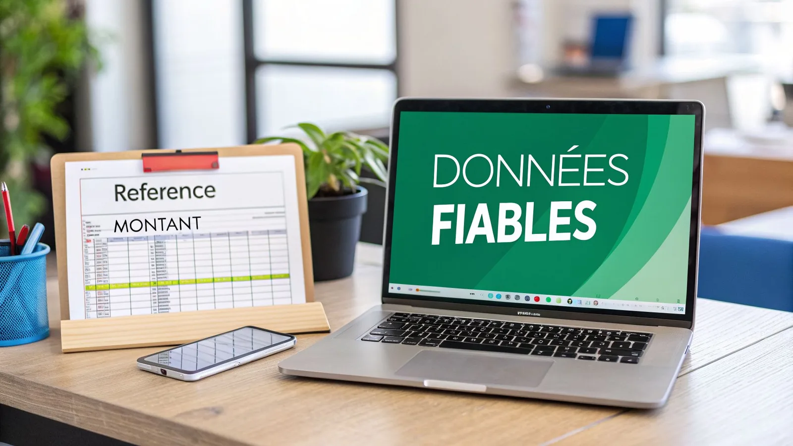 Un bureau de travail avec un ordinateur portable affichant 'Données Fiables', un tableau de référence et un smartphone.