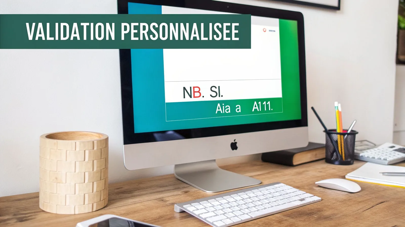 Un écran d'ordinateur affiche "VALIDATION PERSONNALISEE" sur un bureau en bois avec des fournitures de bureau.