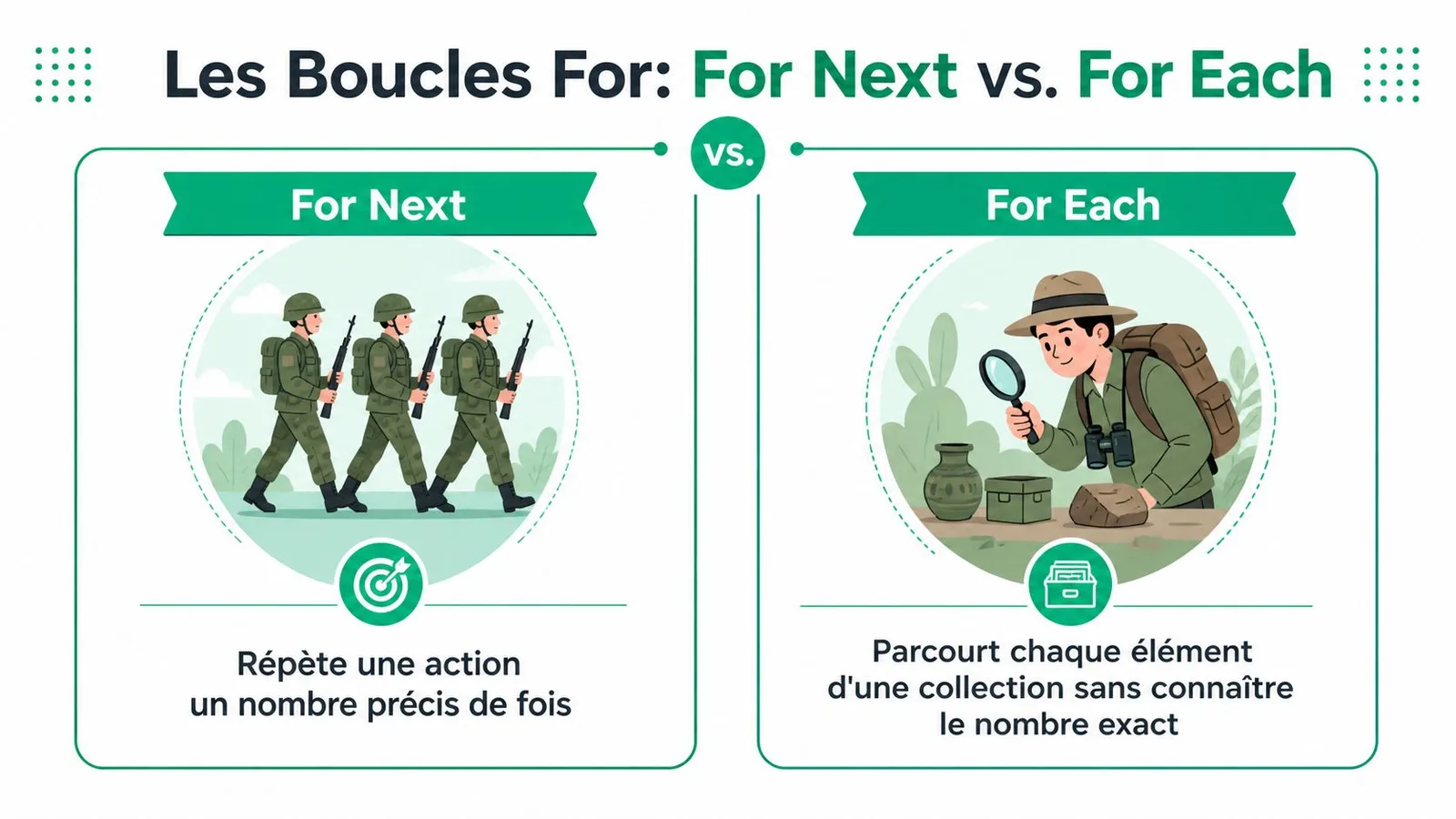 Comparaison visuelle entre les boucles For Next et For Each avec des illustrations explicatives et leurs définitions.