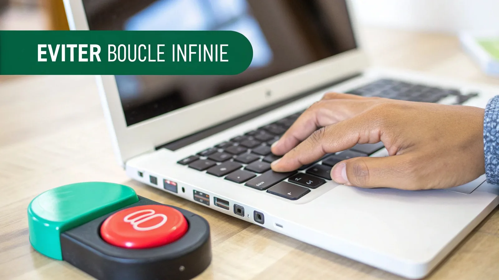 Une main tape sur un ordinateur portable à côté d'un grand commutateur d'accessibilité. Le texte indique "EVITER BOUCLE INFINIE".