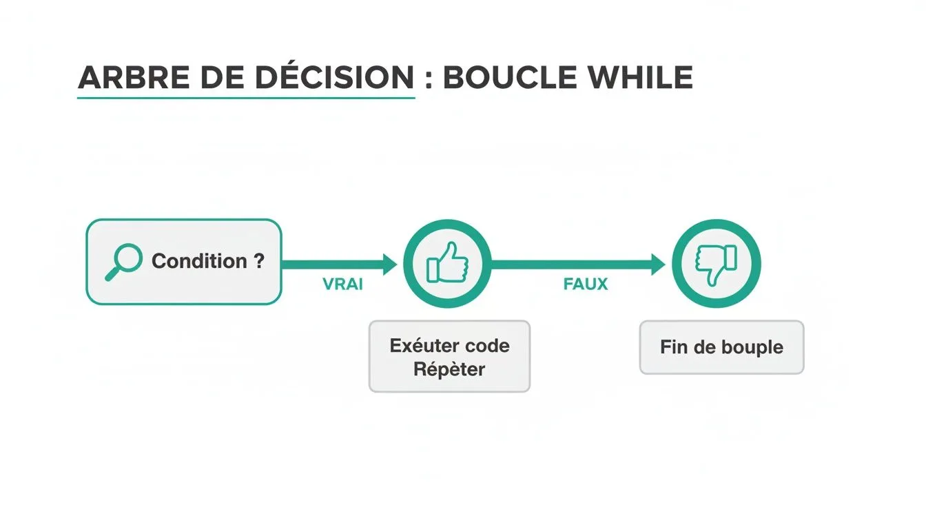 Diagramme de flux d'une boucle While en programmation, illustrant la condition, l'exécution de code et la fin.