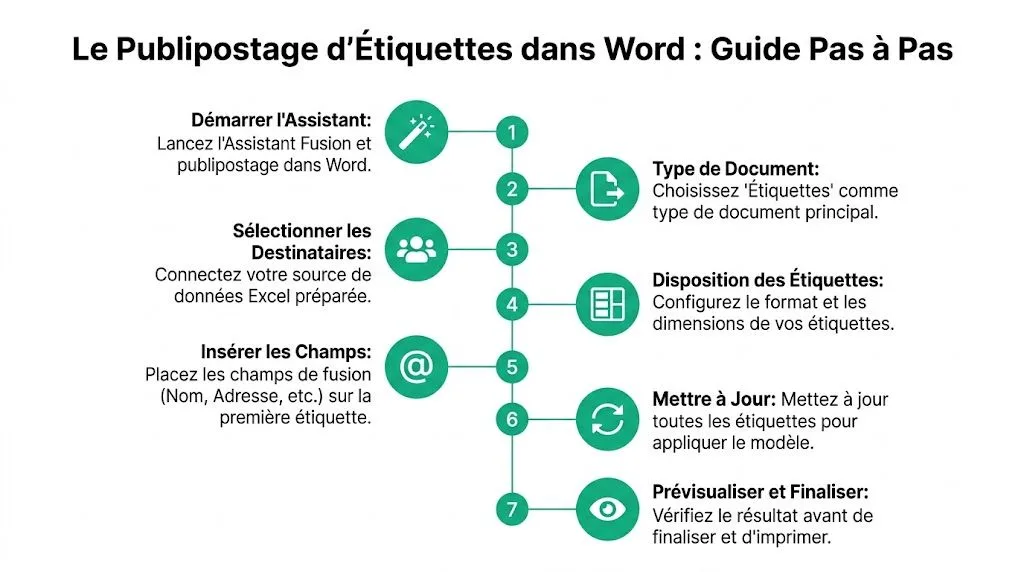 Guide étape par étape illustrant le processus de création de publipostage pour des étiquettes dans Microsoft Word.
