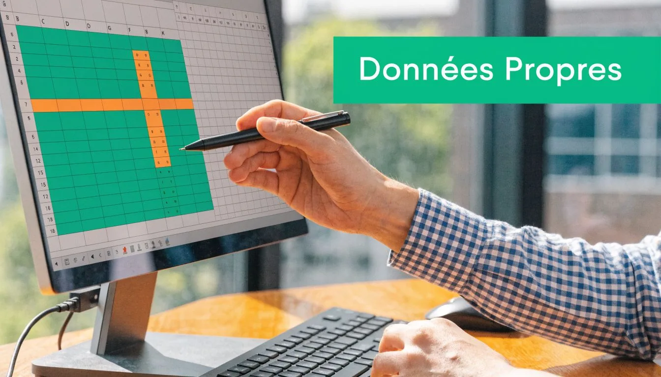 Une main utilisant un stylet numérique sur un écran d'ordinateur affichant des données dans un tableur.