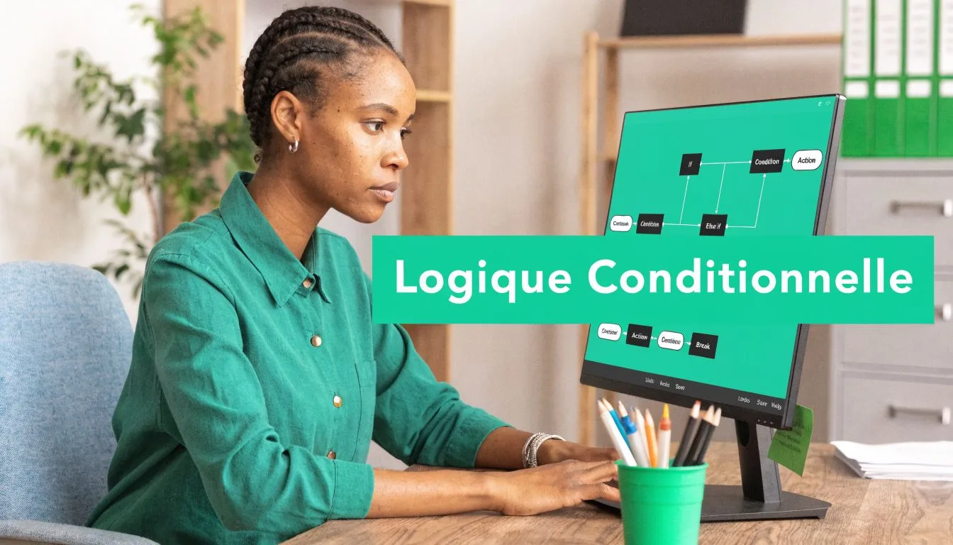 Une femme travaillant sur un ordinateur affichant un diagramme de flux illustrant le concept de logique conditionnelle.