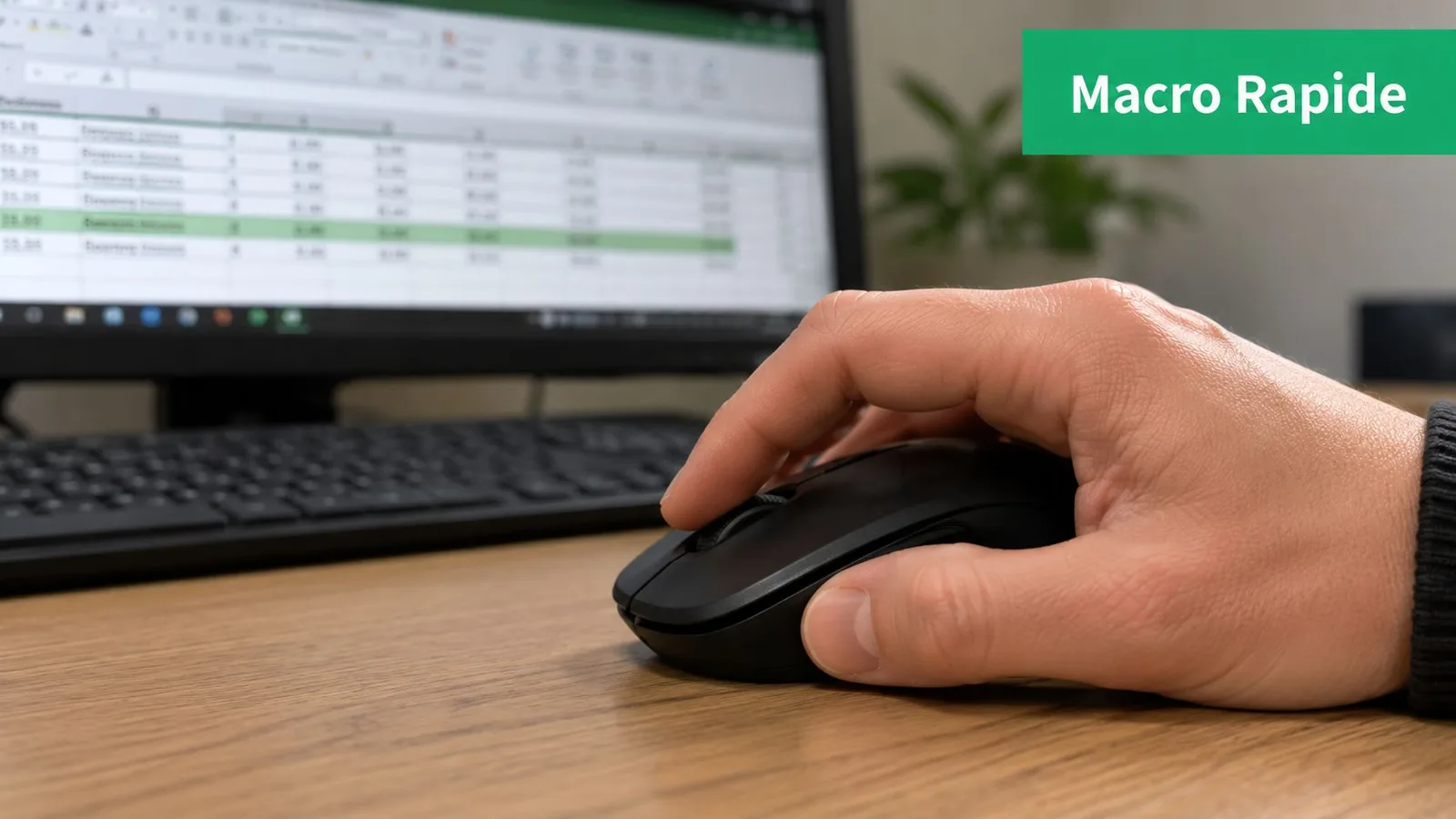 Une main utilisant une souris d'ordinateur devant un écran affichant une feuille de calcul Excel complexe.