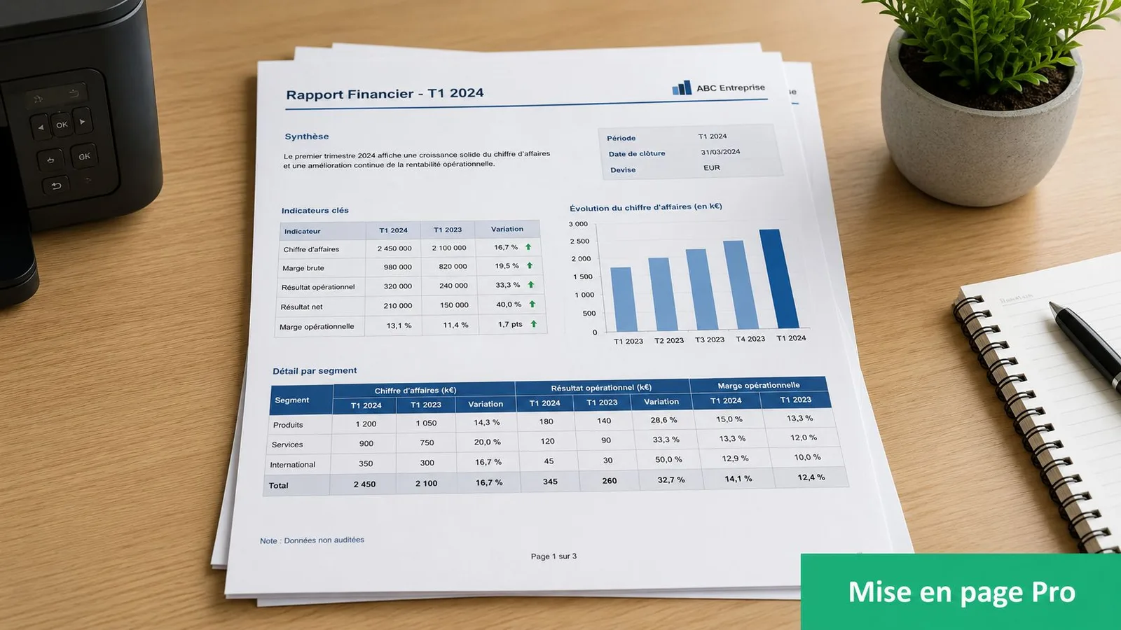 Document papier présentant un rapport financier trimestriel avec des tableaux de données et un graphique d'évolution.