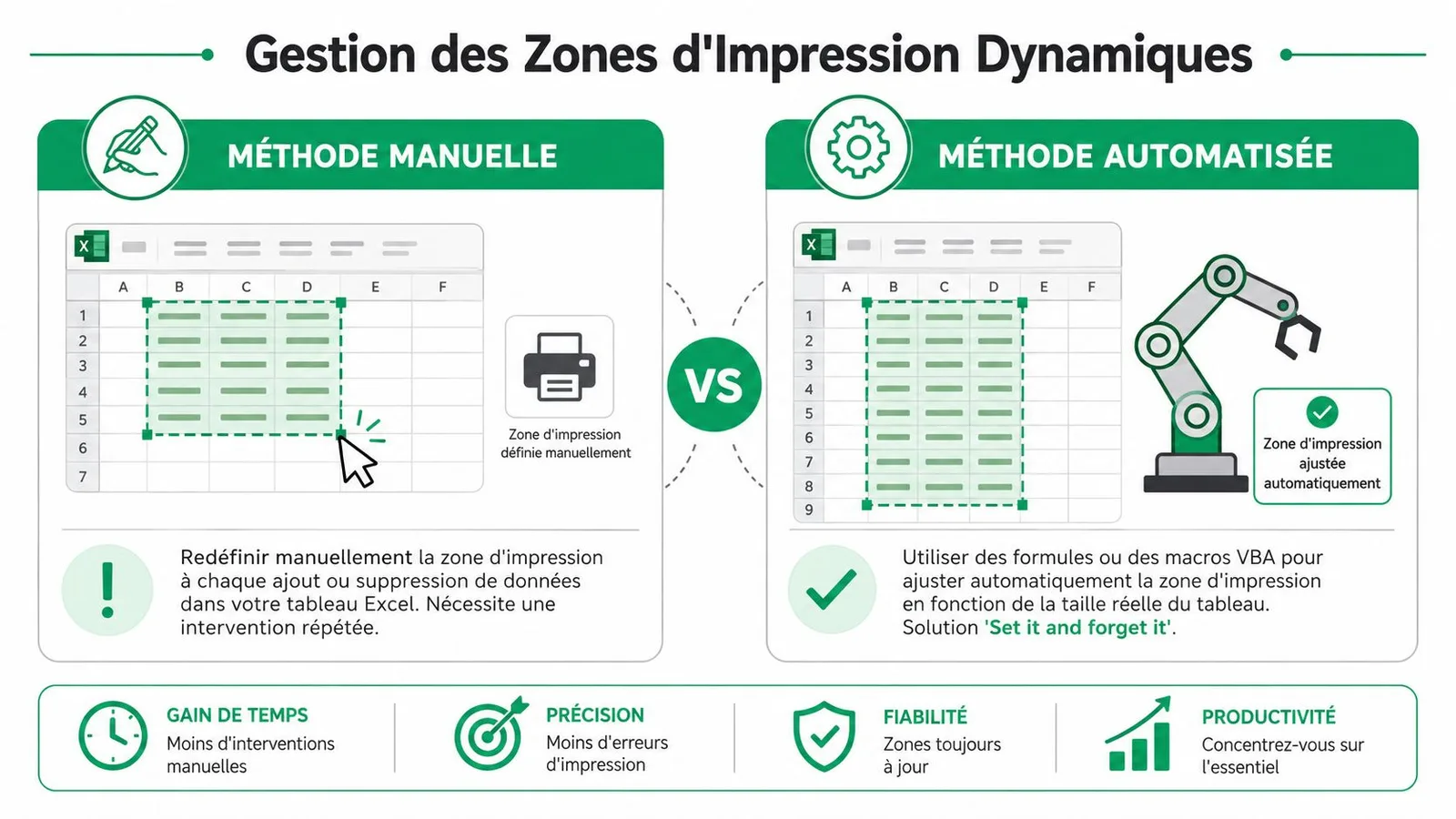 Comparaison entre la définition manuelle et automatisée des zones d'impression dans un tableau Microsoft Excel.