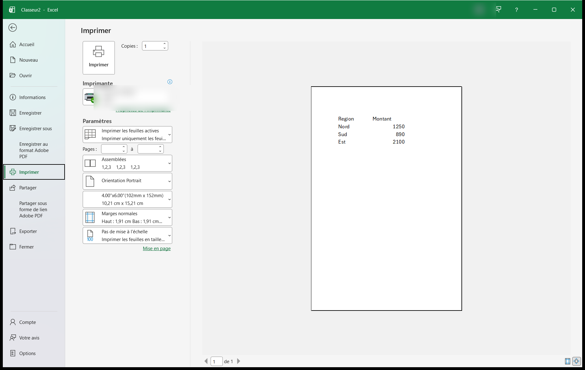 Page Imprimer du menu Fichier d'Excel, avec les paramètres à gauche et l'aperçu de la page à droite