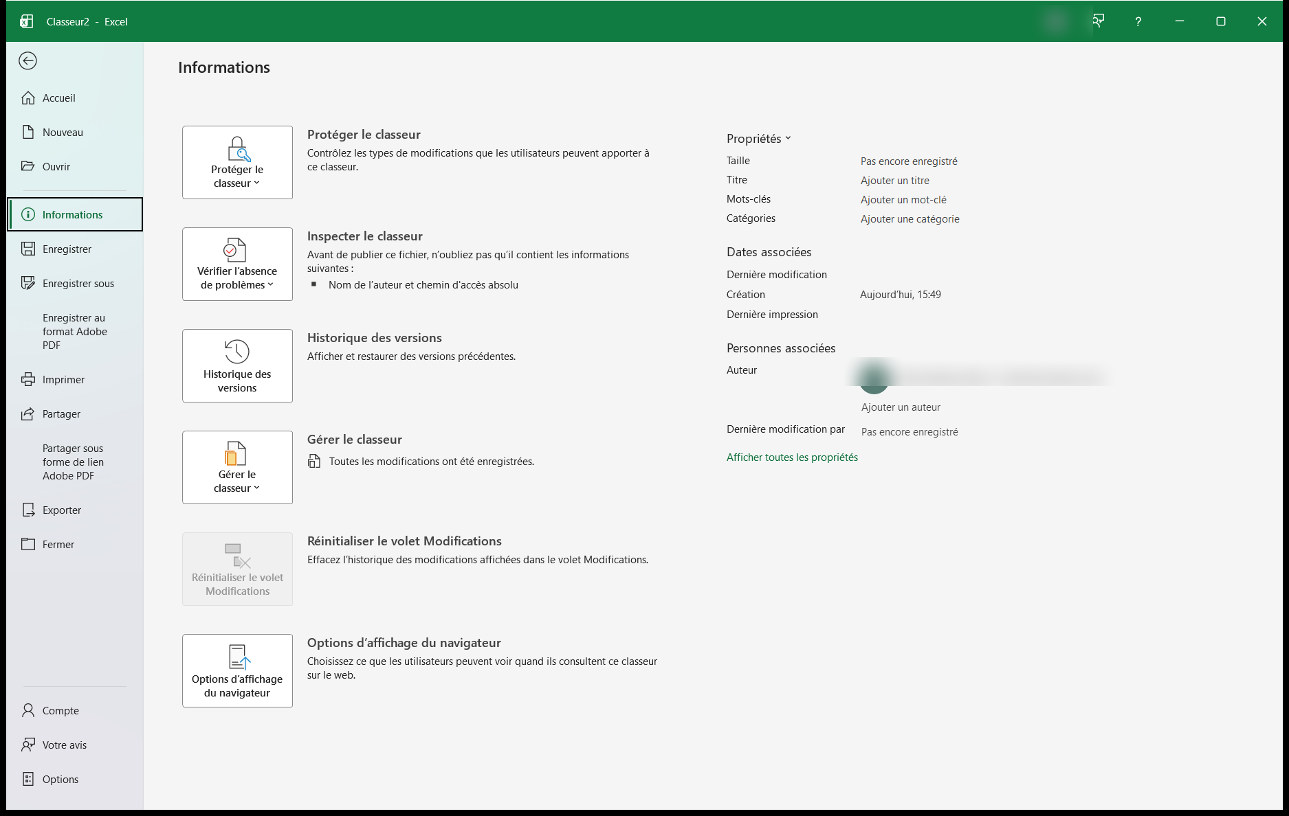 Page Informations du menu Fichier d'Excel, avec le bouton Historique des versions au milieu de la colonne