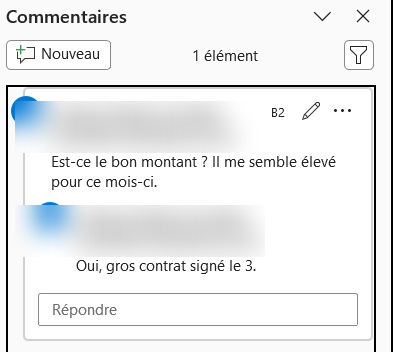 Volet Commentaires d'Excel 365 affichant un fil de discussion avec une question, une réponse et un champ Répondre