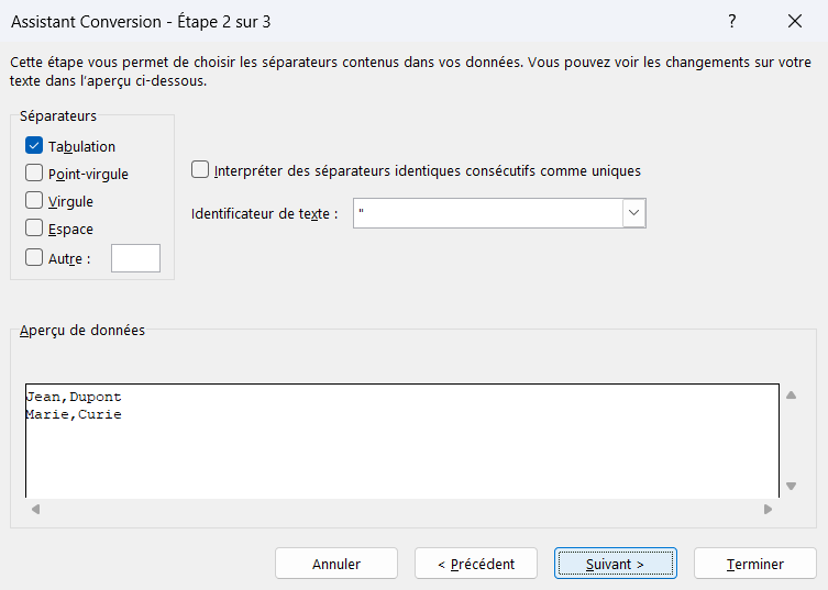Assistant Conversion d'Excel, étape 2 sur 3, avec les cases de séparateurs et l'aperçu des données découpées