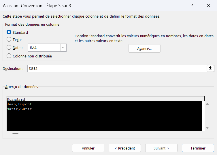 Assistant Conversion d'Excel, étape 3 sur 3, avec le format des données en colonne, la zone Destination et l'aperçu