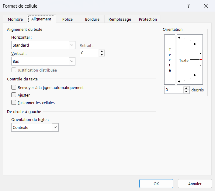 Onglet Alignement de la boîte de dialogue Format de cellule avec les menus Horizontal et Vertical et la zone Orientation.