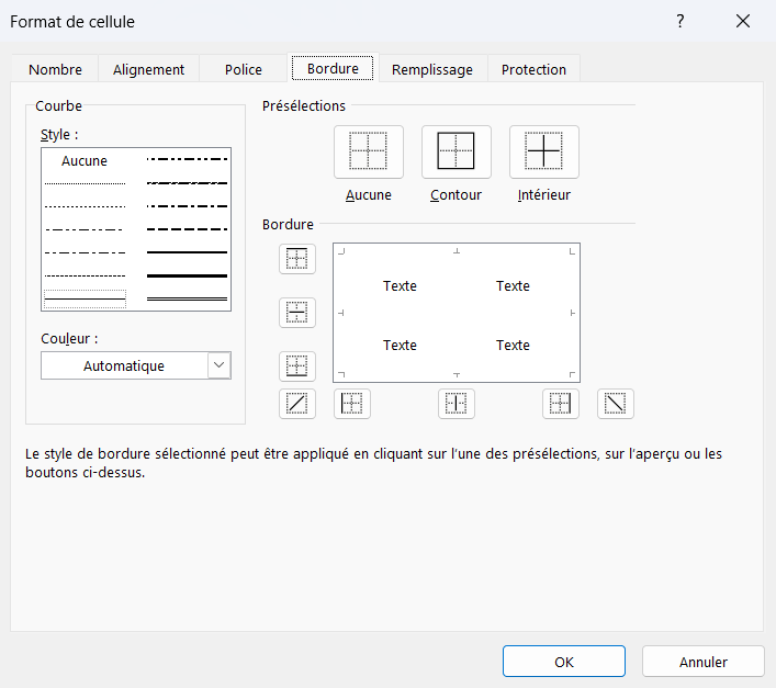 Boîte de dialogue Format de cellule d'Excel, onglet Bordure, avec la liste des styles de trait, le sélecteur de couleur et les présélections Aucune, Contour et Intérieur