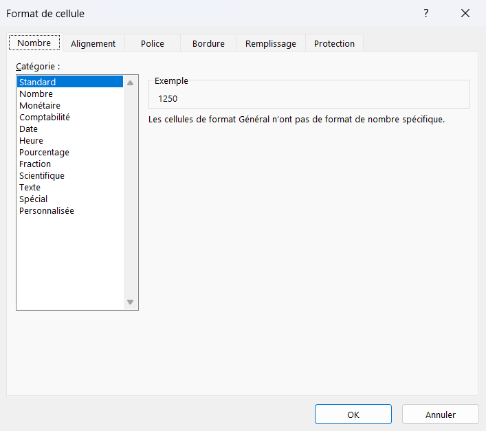 Onglet Nombre de la boîte de dialogue Format de cellule avec la liste des catégories comme Nombre, Monétaire, Pourcentage et Date.