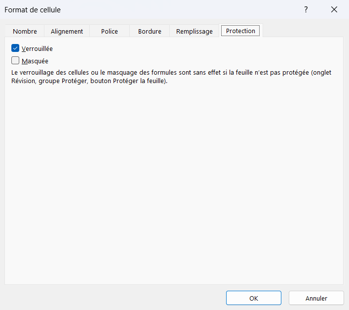 Onglet Protection du dialogue Format de cellule d'Excel avec les cases Verrouillée et Masquée