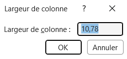 Boîte de dialogue Largeur de colonne d'Excel, avec la valeur en cours dans le champ de saisie