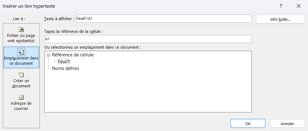 Boîte de dialogue Insérer un lien hypertexte avec l'option Emplacement dans ce document sélectionnée