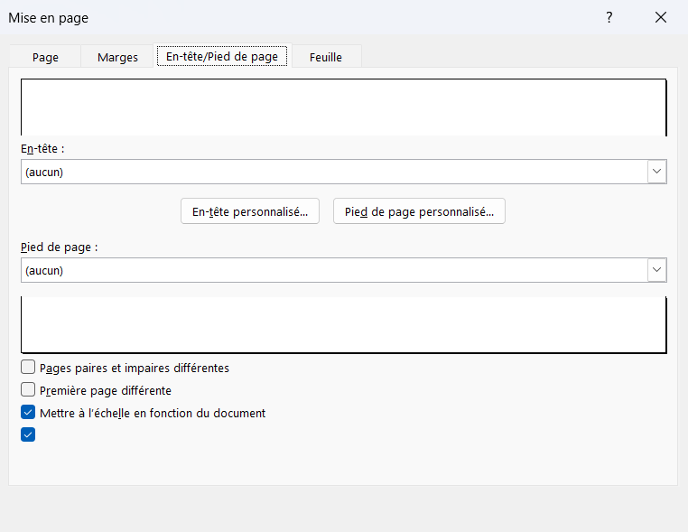 Boîte de dialogue Mise en page d'Excel, onglet En-tête/Pied de page, avec les cases Pages paires et impaires différentes et Première page différente