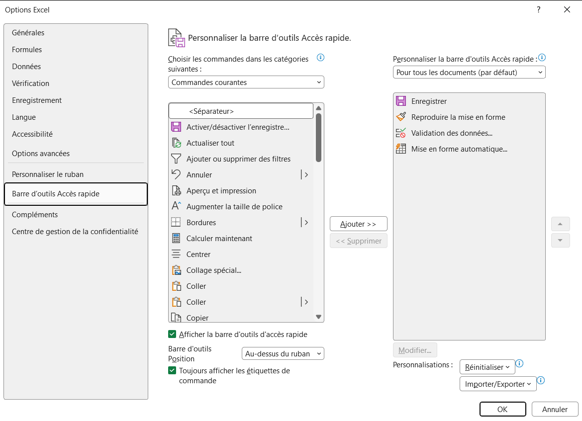 Fenêtre Options Excel, page Barre d'outils Accès rapide, avec la liste des commandes disponibles à gauche, le bouton Ajouter au centre et la barre personnalisée à droite