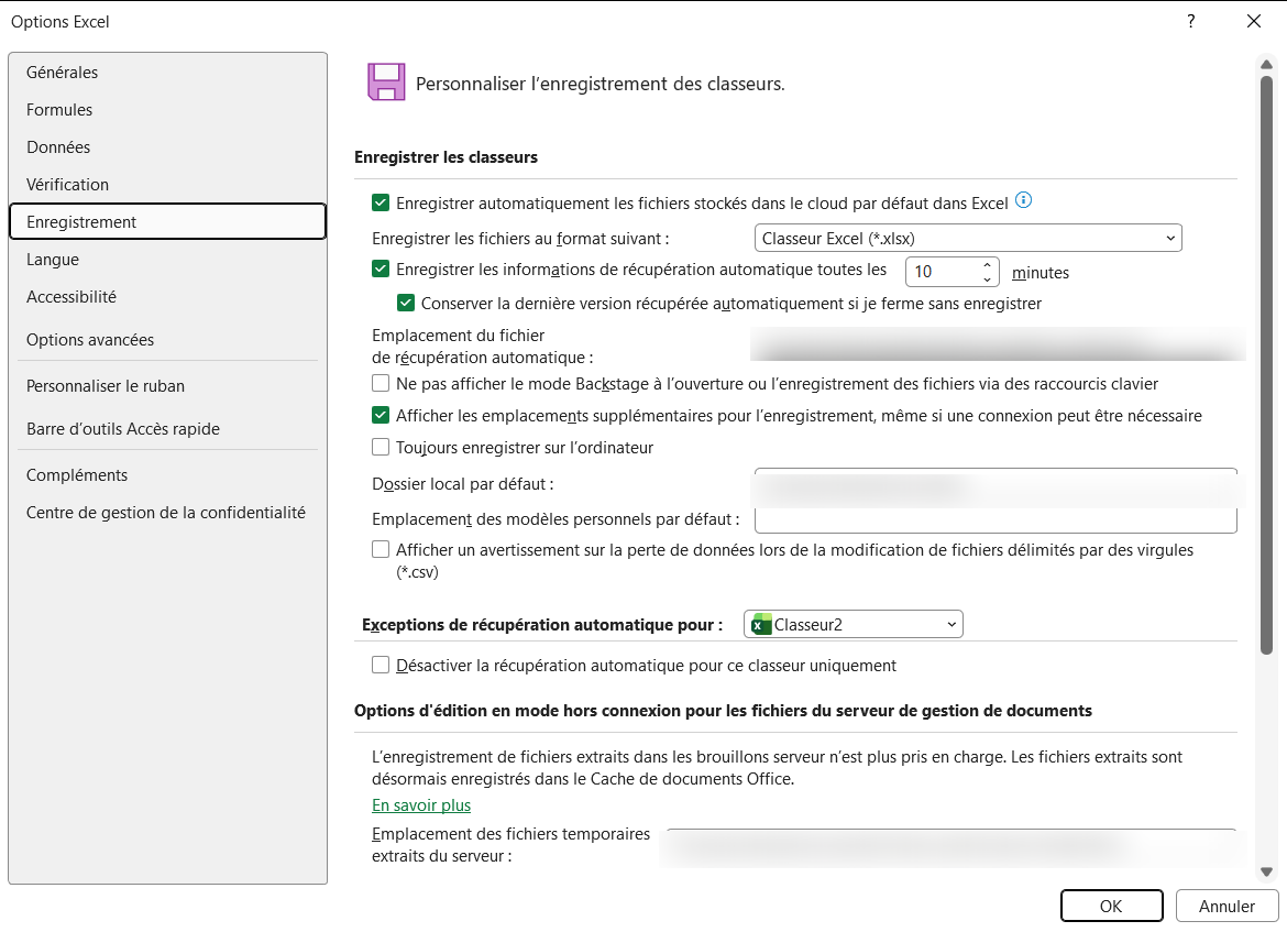 Onglet Enregistrement des Options Excel avec la case de récupération automatique réglée sur 10 minutes.