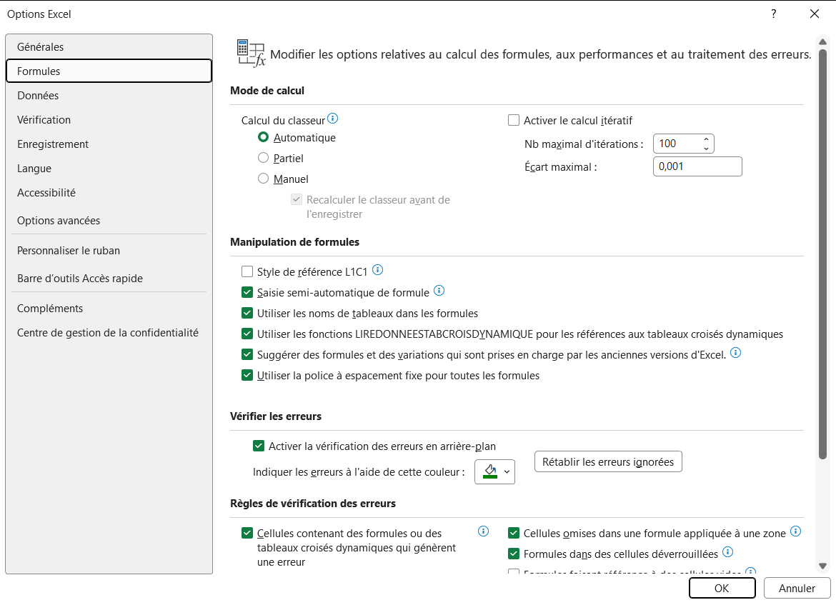 Page Formules des options Excel avec la case Activer le calcul itératif, le nombre maximal d'itérations et l'écart maximal