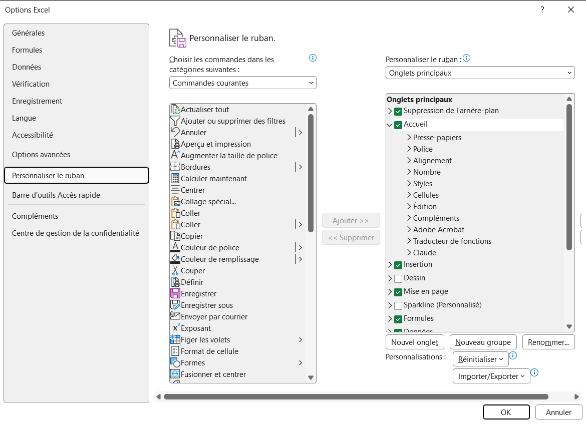 Fenêtre Options Excel, page Personnaliser le ruban, avec la colonne de droite qui liste les onglets principaux et leurs cases