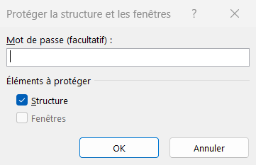 Dialogue Protéger la structure du classeur d'Excel avec la case Structure et le mot de passe facultatif