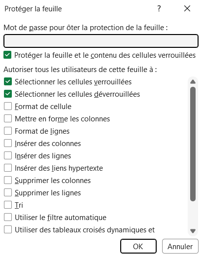 Dialogue Protéger la feuille d'Excel avec le mot de passe facultatif et la liste des actions autorisées aux utilisateurs