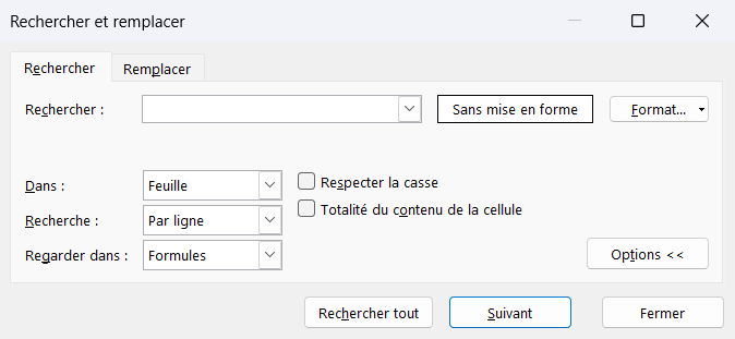 Boîte de dialogue Rechercher et remplacer d'Excel, onglet Rechercher, options dépliées avec les listes Dans, Recherche et Regarder dans