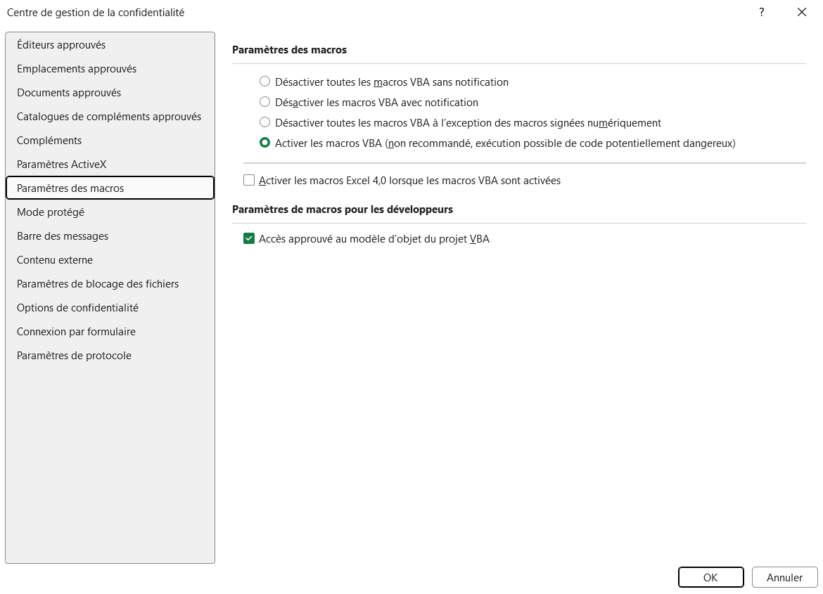 Centre de gestion de la confidentialité d'Excel, catégorie « Paramètres des macros » : les quatre niveaux, de « Désactiver toutes les macros sans notification » à « Activer les macros VBA ».