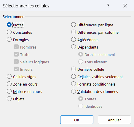 Boîte de dialogue Sélectionner les cellules avec les options Notes, Constantes, Formules, Cellules vides et Objets.