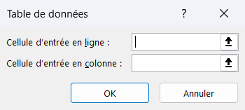 Boîte de dialogue Table de données d'Excel, avec les champs Cellule d'entrée en ligne et Cellule d'entrée en colonne