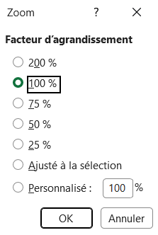 Boîte de dialogue Zoom d'Excel avec les facteurs d'agrandissement 200, 100, 75, 50, 25 %, l'option Ajusté à la sélection et un champ Personnalisé